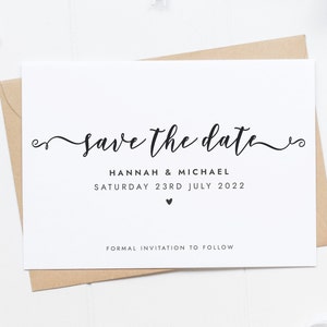 Traditional Save The Date Card, Pretty Save The Date Card, Pretty Script Save The Date, Simple Wedding Invitation, Heart Save Our Date Card