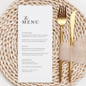 Menus de mariage simples imprimés, carte de menu imprimée moderne et minimale pour la réception, menu de mariage personnalisé, cartes de menu du dîner, menu de taille DL