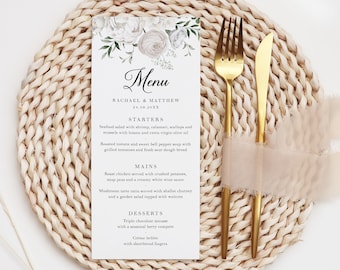 White Rose Wedding Menu Cards: Floral Reception Menu (DL Size)