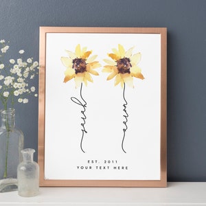 Impression personnalisée de tiges de tournesol, cadeau de mariage pour couple, cadeau d'anniversaire, cadeau de mariage unique, impression de cadeau de fiançailles, cadeau de Noël