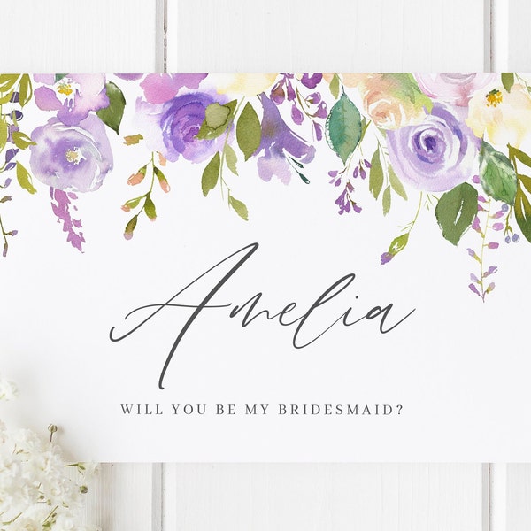 Bridesmaid Proposal Card, Will You Be My Bridesmaid Card, Floral Bridesmaid Card, Personalised Bridesmaid Card, Purple Wedding Card