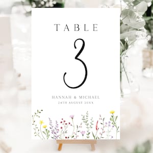 Numéros de table de mariage fleurs sauvages simples, Cartes de visite imprimées, Numéros de table assez floraux, Papeterie de mariage personnalisée le jour
