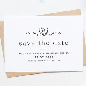 Heart Save The Date Card, Simple Wedding Invite, Heart Ribbon Save The Date Card, Pretty Save The Date, Wedding Announcement Card