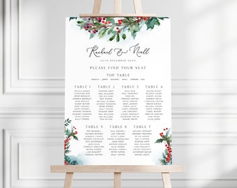 Winter Wedding Seating Chart, Holly Berry Christmas Seating Plan
