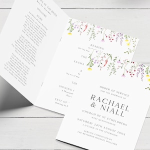 May include: Wedding ceremony order of service booklet with floral illustrations. The booklet includes the order of service for the wedding of Rachael & Niall, taking place on Saturday, 24th August 20XX at 2 o'clock in the afternoon at the Church of St Ethelreda, West Quantoxhead. The service will be conducted by the Reverend Michael Williams.