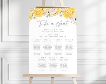 Yellow Rose Wedding Seating Chart, Personalised Table Plan