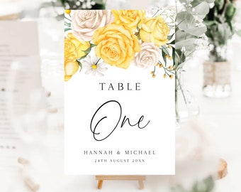 Yellow Rose Wedding Table Numbers: Floral Reception Cards