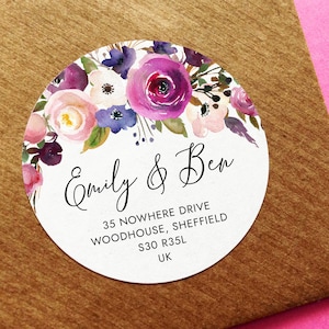 Pretty Return Address Stickers, Floral Address Label, Purple Address Label, RSVP Return Address, Save The Date Label, Circle Address Sticker image 1