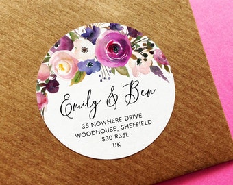 Pretty Return Address Stickers, Floral Address Label, Purple Address Label, RSVP Return Address, Save The Date Label, Circle Address Sticker