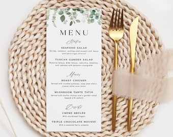 Wedding Menu Cards, Printed Eucalyptus Wedding Menu, Personalised Wedding Menus, Dinner Menu Cards, Wedding Table Decorations, DL Size Menu