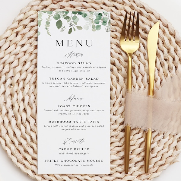 Wedding Menu Cards, Printed Eucalyptus Wedding Menu, Personalised Wedding Menus, Dinner Menu Cards, Wedding Table Decorations, DL Size Menu