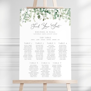 May include: A wedding seating chart with a green eucalyptus design. The chart lists the names of guests assigned to each table. The text at the top reads "Find Your Seat" and "Rachael & Niall, Saturday 24th August 20XX".