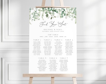 Plan de table de mariage en eucalyptus, plan de table personnalisé, panneau "Trouvez votre place" dans la verdure, plan de table le jour, plan de salle de réception