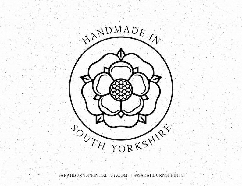 May include: A black and white circular logo with a floral emblem, surrounded by the text "HANDMADE IN SOUTH YORKSHIRE." The design includes the website address and social media handle of the seller.