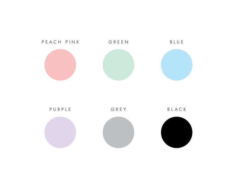 Op de afbeelding: Een witte achtergrond met zes gekleurde cirkels en tekstlabels. De kleuren zijn perzikroze, groen, blauw, paars, grijs en zwart. Elke cirkel heeft een effen kleur en de tekstlabels zijn in een schreefloos lettertype.