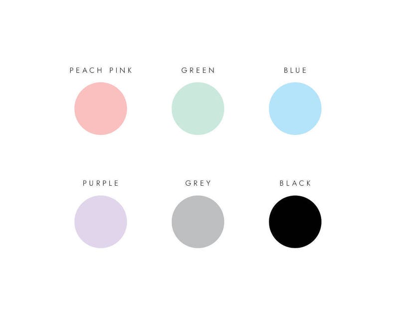 May include: A white background with six colored circles. The colors are peach pink, green, blue, purple, grey, and black. Each circle has a color name written above it in black text.