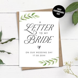 Carte Lettre à la mariée le jour du mariage, Carte pour future épouse, Carte à l'intention de la mariée le jour du mariage, Carte de vœux personnalisée, Carte de vœux personnalisée