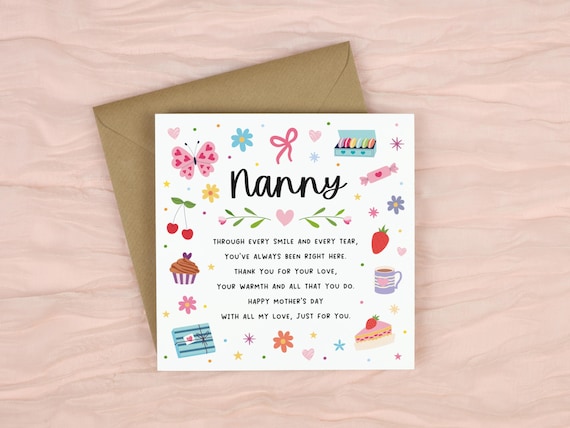 Mother's Day Card for Nanny With Poem, Grandma Mother's Day Card With Verse, Colourful & Modern Illustrated Design