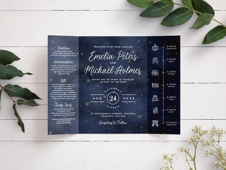 Gatefold Wedding Invitation, Celestial Wedding Invitation, Night Sky Gatefold Wedding Invitation, Moon & Star Invite, Winter Wedding Invite image 1