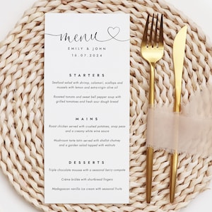 Menu de mariage simple imprimé, cartes de menu de mariage, menus de mariage personnalisés, cartes de menu du dîner, décorations de table de mariage, menu au format DL