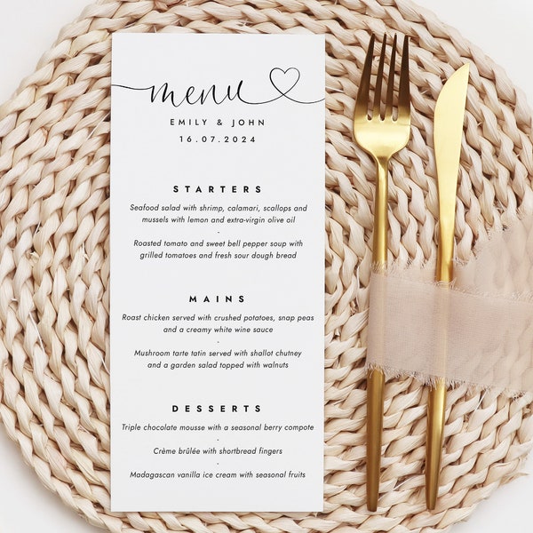 Printed Simple Wedding Menu, Wedding Menu Cards, Personalised Wedding Menus, Dinner Menu Cards, Wedding Table Decorations, DL Size Menu