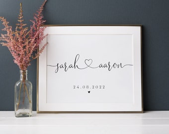 Cadeau de mariage personnalisé, Cadeau pour couple, Impression de cadeau de fiançailles, Impression de noms et de dates de couple, Impression personnalisée de couples