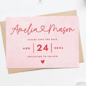 Pink & Red Save The Date, Retro Save The Date, Colourful Wedding Invitation, Simple Save The Date Cards, Printed Save The Dates