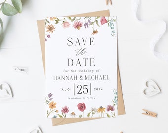 Wildflower Save The Date, Printed Floral Wedding Invite, Save The Date Card, Watercolor Save Our Date Card, Pretty Summer Save The Date