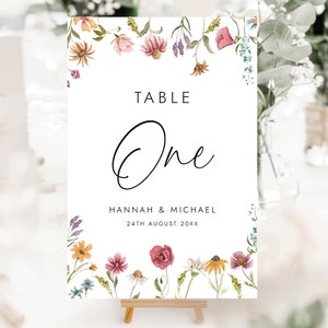Numéros de table de mariage fleurs sauvages, Cartes de nom de table imprimées pour une réception de mariage, Numéros de table floraux, Papeterie personnalisée le jour