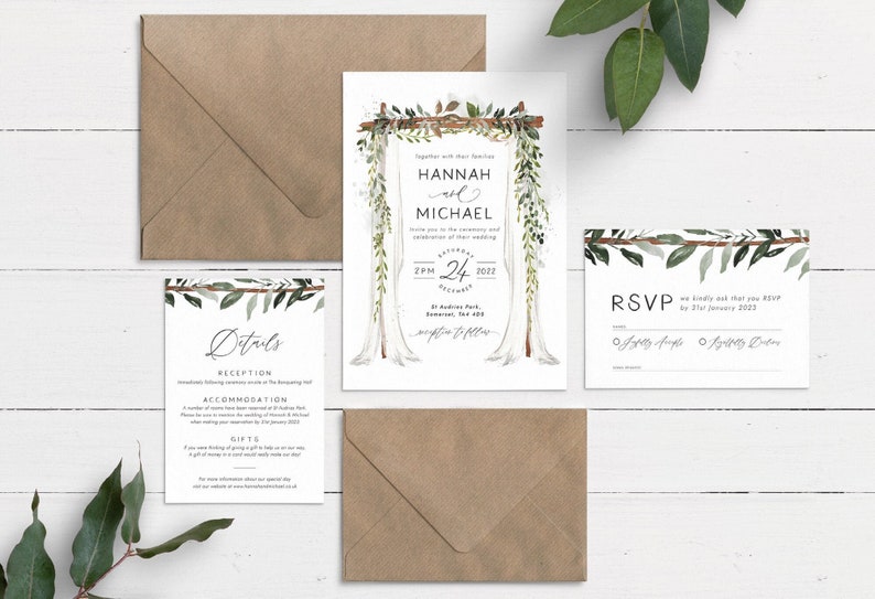 Boho Wedding Invitation, Botanical Wedding Invite, Pretty Wedding Invitation Suite, Wedding Arch Invite, Summer Wedding Invite image 1