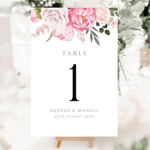 Numéros de table pivoine rose et rose, Numéros de table imprimés, Cartes de nom de table pour une réception de mariage, Cartes de numéro de table florales