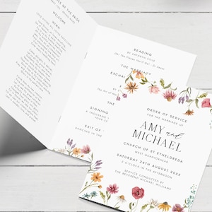 May include: A wedding ceremony order of service with a floral border. The order of service is for the marriage of Amy and Michael. The ceremony will be held at the Church of St Ethelreda on Saturday, 24th August 20XX at 2 o'clock in the afternoon. The service will be conducted by the Reverend Michael Williams.