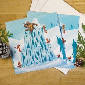 Kerstkaart &envelop | Originele speelse grappige dieren sneeuwbal gevecht | 5x5 Vierkant