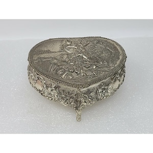 Vintage Silver Tone Heart Trinket Jewelry Box w/ Red Velvet Lining