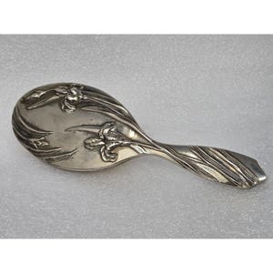 May include: A silver-toned vanity hand mirror with an oval head and a handle. The mirror is decorated with floral iris designs. The handle has a ribbed pattern and a flat, geometric end.