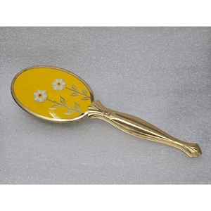 Vintage Gold Tone Yellow Hairbrush With Floral Design & Nylon Bristles