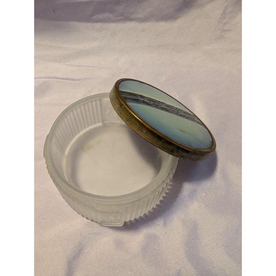 Vintage Frosted Glass Powder Vanity Jar Blue Enamel Floral Brass Lid ...