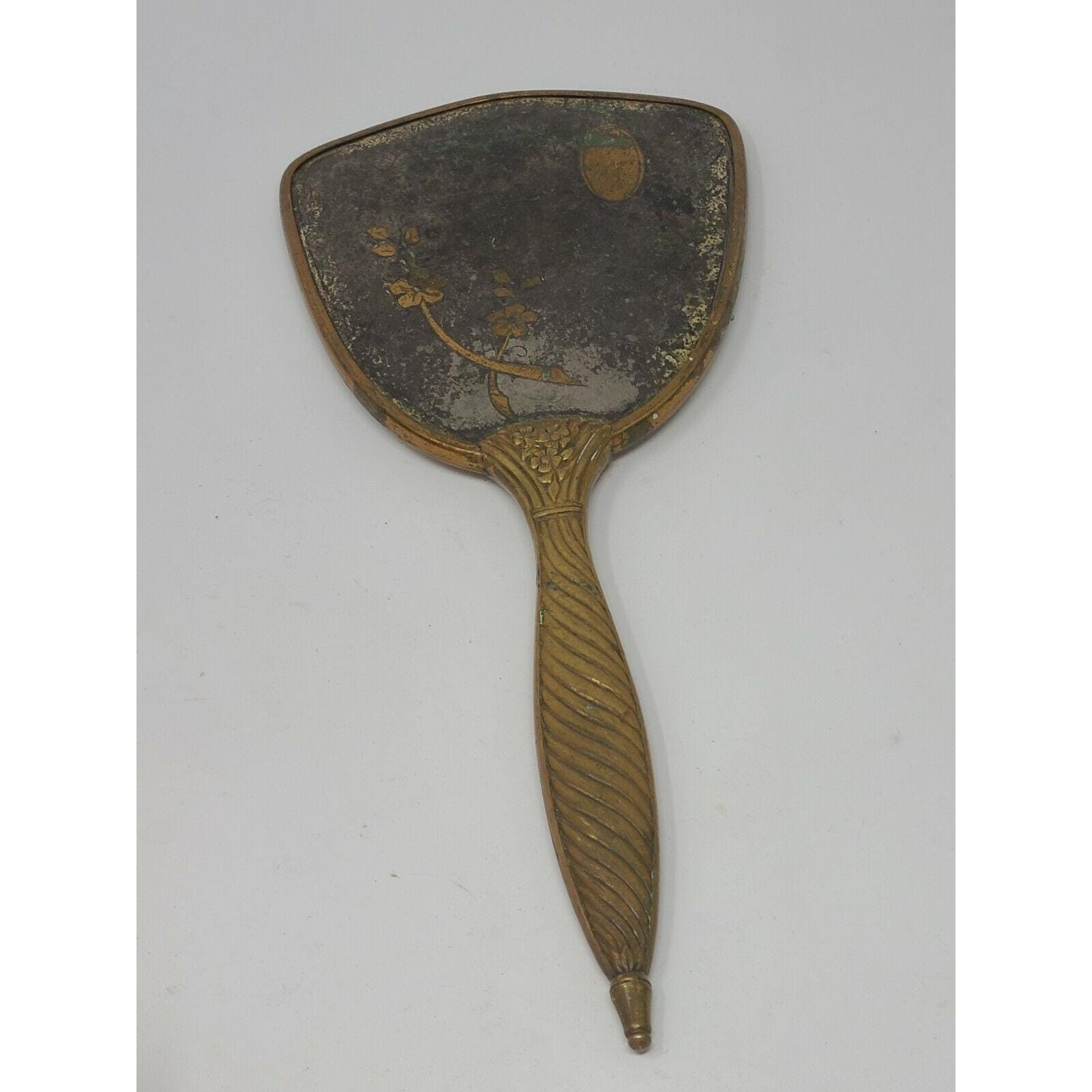 Vintage Gold Tone Hand Held Vanity Mirror w/Flowers