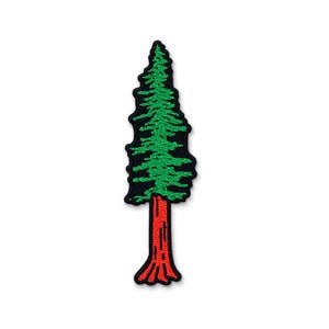 May include: An embroidered patch featuring a tall, slender evergreen tree. The tree has a vibrant green needle-filled canopy and a distinct reddish-brown trunk. The entire design is outlined with a thick black border, creating a sharp contrast.