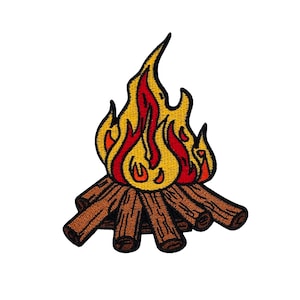 May include: Embroidered patch featuring a campfire design. The flames are depicted in shades of red, orange, and yellow, with a black outline. The logs are brown with detailed wood grain. Perfect for jackets, bags, or other fabric items.