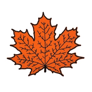 May include: Orange maple leaf patch with black embroidered veins and outline. The patch is a vibrant autumn-themed accessory, perfect for adding a seasonal touch to clothing or accessories. The leaf shape is detailed and realistic.