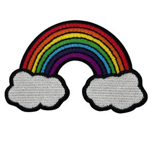 May include: Embroidered rainbow patch featuring a vibrant arc of red, orange, yellow, green, blue, and purple. The rainbow is arched over two fluffy white clouds with black outlines. This patch is perfect for adding a touch of color to clothing or accessories.