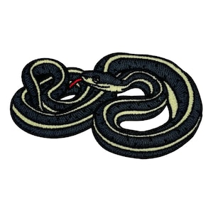 May include: Embroidered patch featuring a coiled black snake with yellow stripes. The snake has a red tongue and is set against a white background. This patch is suitable for jackets, bags, or other fabric items.