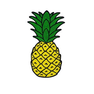 May include: Embroidered patch of a pineapple. The pineapple has a yellow body with a grid pattern and a green leafy top. The patch is designed to be ironed on or sewn onto fabric.
