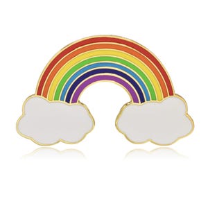 May include: A rainbow-shaped enamel pin with a gold outline and white clouds. The rainbow displays the colours red, orange, yellow, green, blue, and purple. A bright and cheerful accessory.