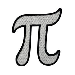 May include: Embroidered patch featuring the Greek letter Pi (π). The patch has a light gray fill with a black outline. The design is a stylized, cursive version of the mathematical symbol, perfect for math enthusiasts or educators.