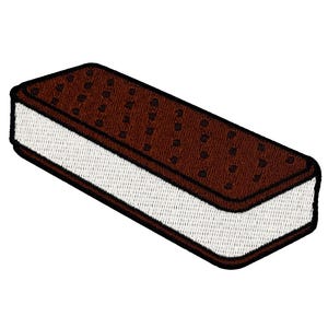 May include: Embroidered patch of an ice cream sandwich. The top and bottom layers are brown with small, dark brown dots. The center is white, resembling ice cream. The patch has a black border.