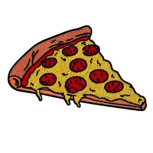 May include: Embroidered patch of a pizza slice with pepperoni. The crust is tan, the sauce is red, and the cheese is yellow with melted cheese dripping down. The pepperoni is red and round. The patch has a black border.