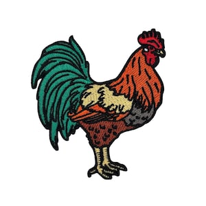 May include: Embroidered patch featuring a colorful rooster. The rooster has a red comb, orange and brown body, green tail feathers, and yellow feet. The patch is designed to be ironed on or sewn onto fabric.