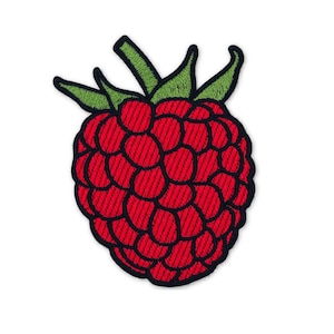 May include: An embroidered patch shaped like a raspberry, featuring a textured red fruit body with individual rounded segments and a bright green stem and leaves at the top, all outlined with a thick black border for clear definition.